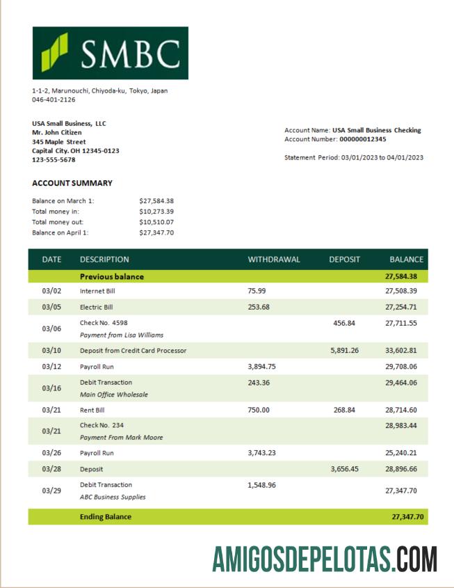 Em branco SMBC Bank Firm modelo de extrato de conta Word e PDF